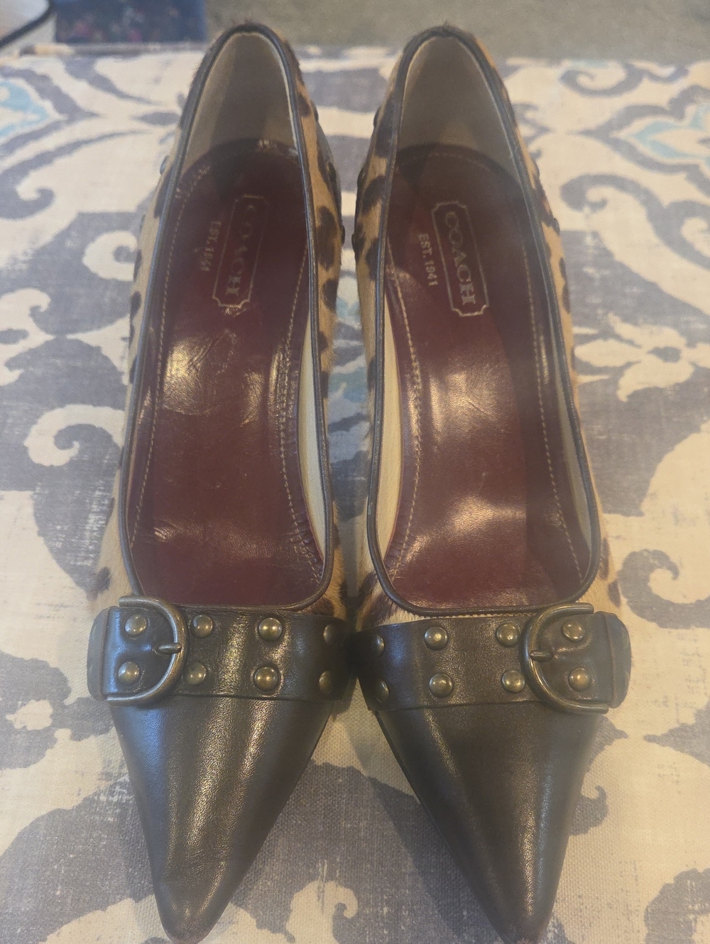 Vintage Coach Fur Leopard Pointed-Toe Pumps with Brown Trim and Studs